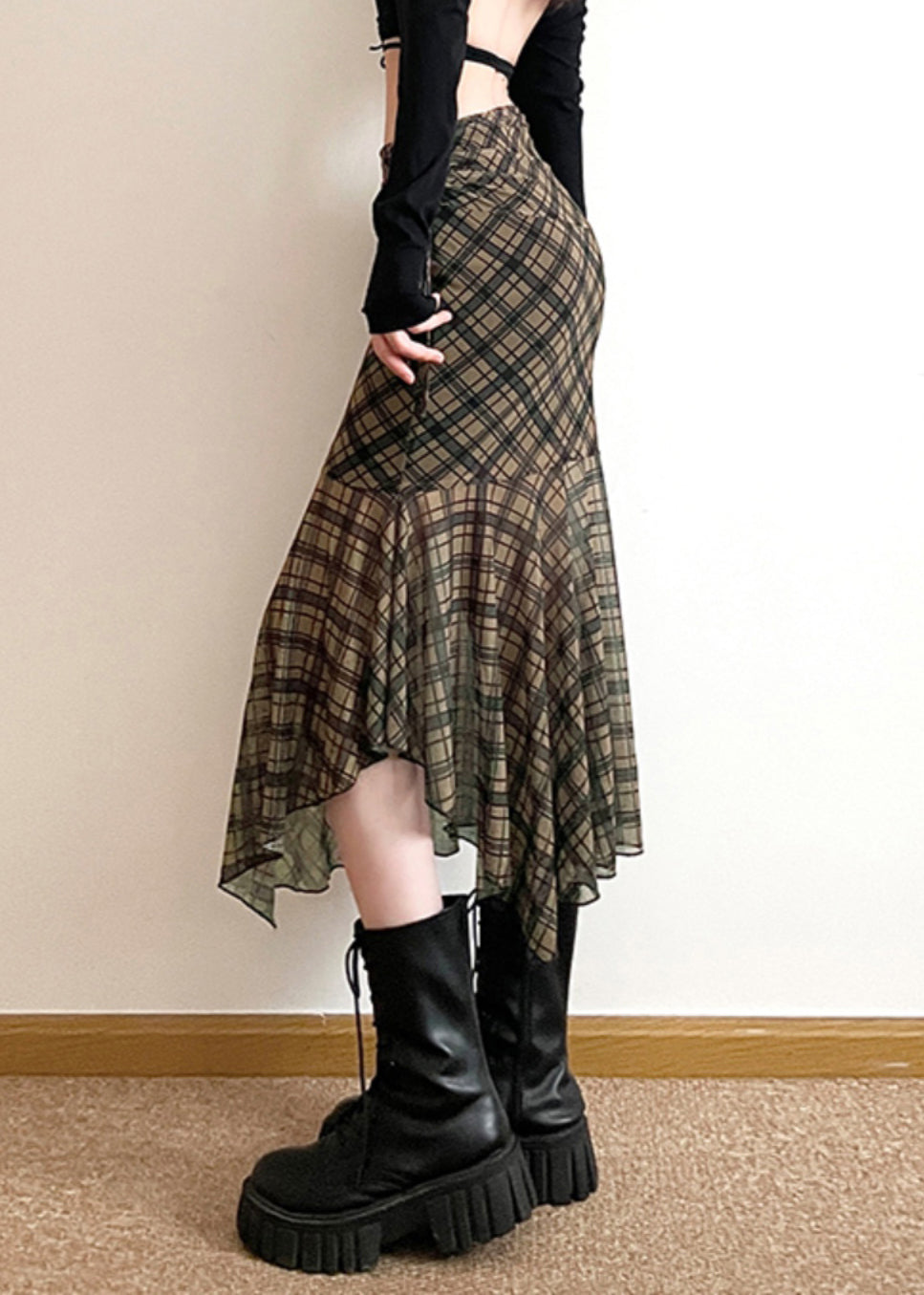 Boutiqu Asymmetrical Plaid Patchwork High Waist Maxi Skirt Summer