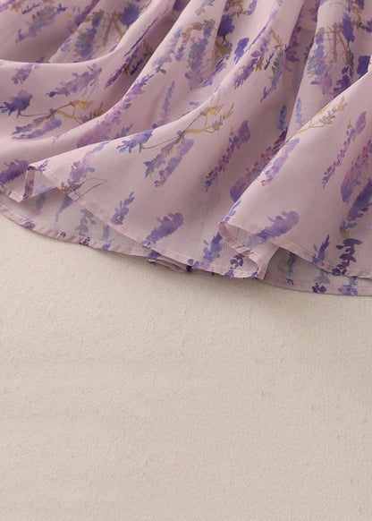 Purple Print Elastic Waist Cotton Skirt Summer