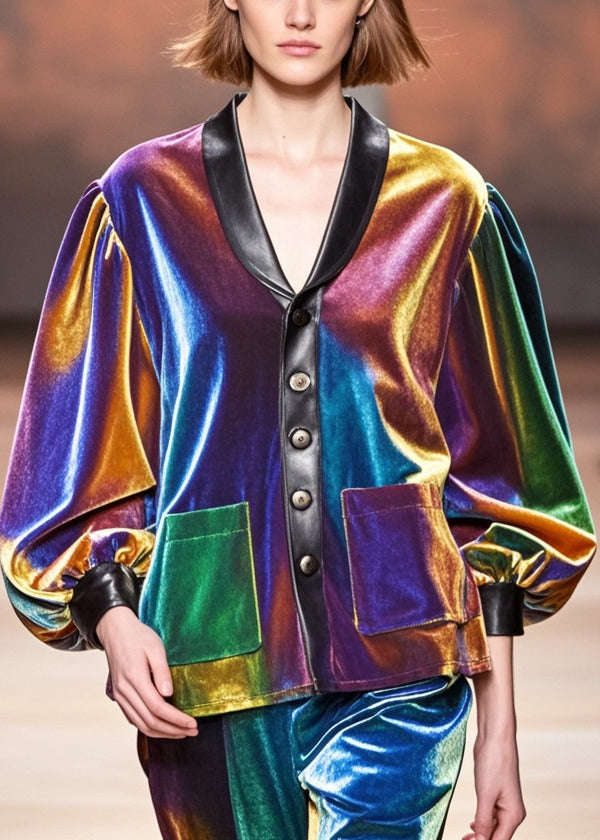 Gradient Color Peter Pan Collar Patchwork Silk Velvet Jackets Fall