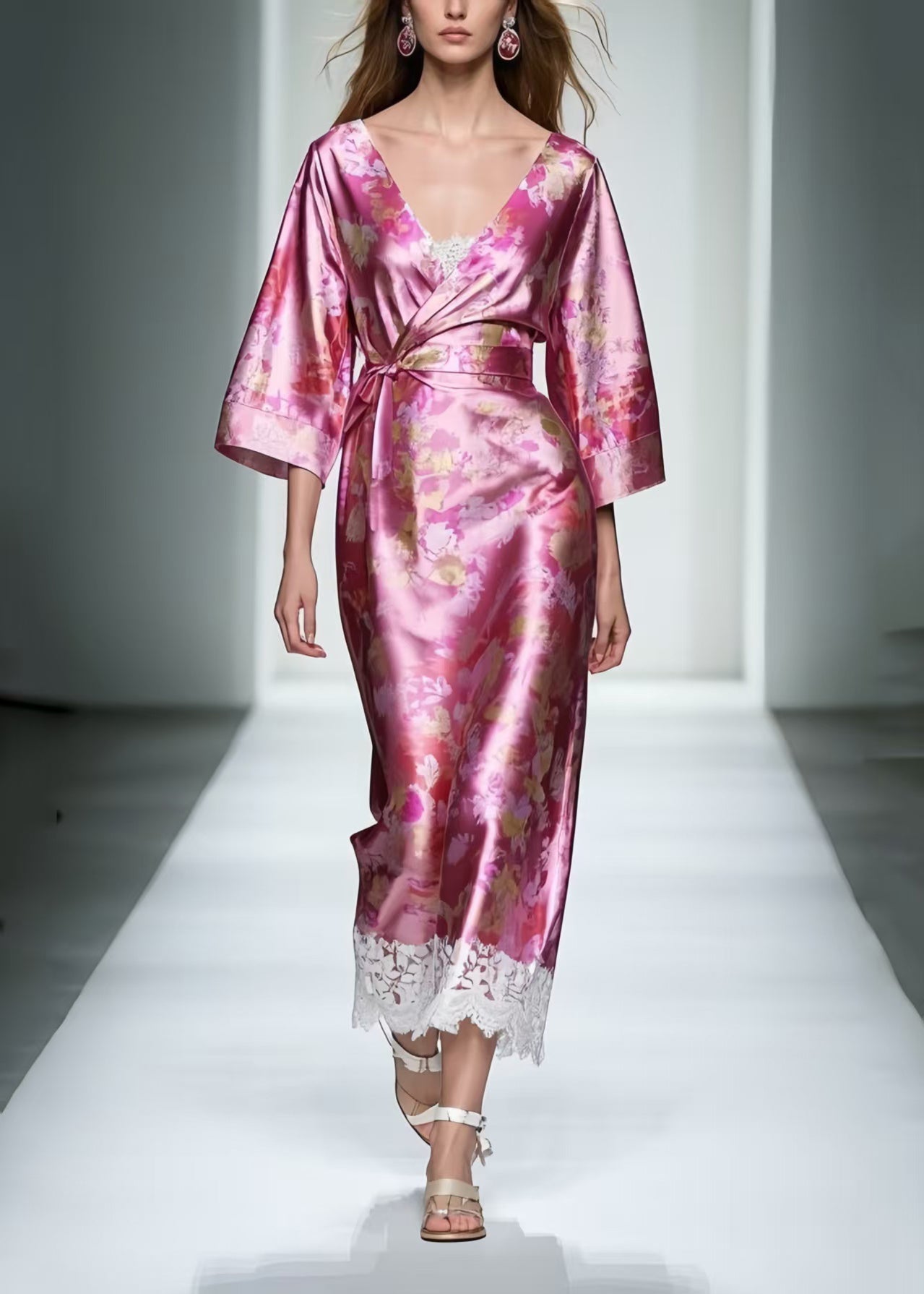 Rose Tie Waist Patchwork Lace Long Dresses Summer