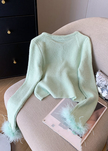 Style Light Green O-neck Button Cotton Knit Cardigan Fall