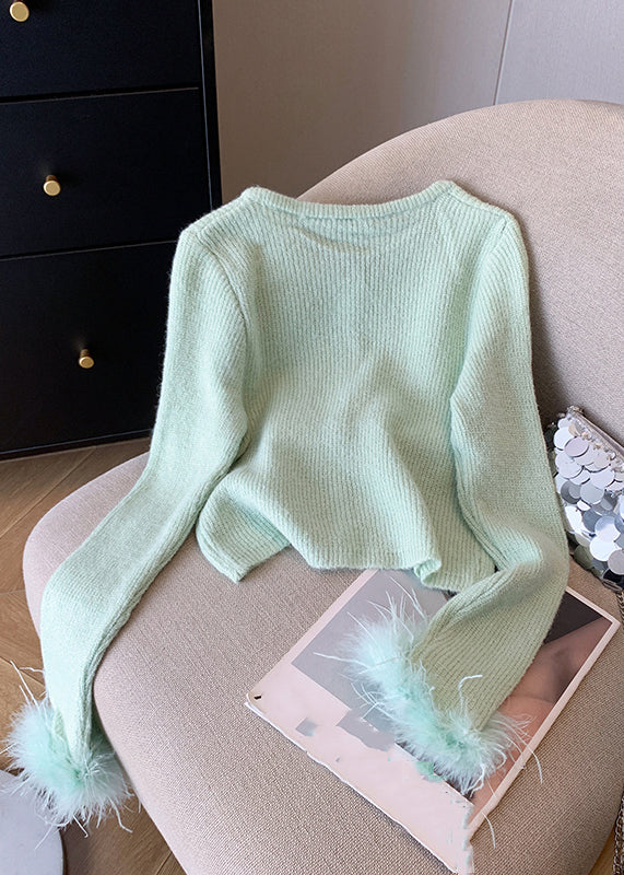 Style Light Green O-neck Button Cotton Knit Cardigan Fall