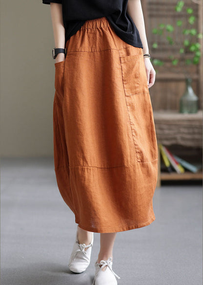 Boutique Orange Elastic Waist Pockets Patchwork Linen Skirt Spring
