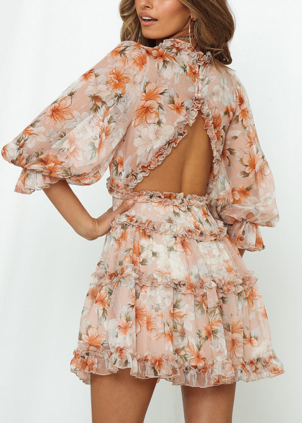 Classy Yellow Ruffled Puff Sleeve Print Chiffon Dresses