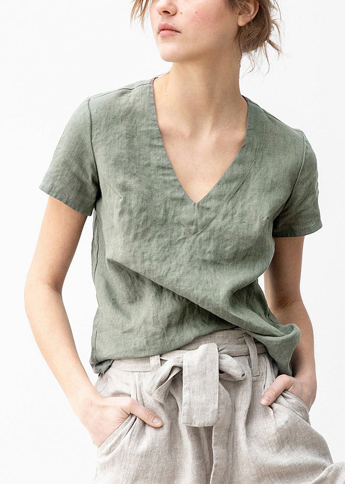 Boutique Green V Neck Simple Linen T Shirts Summer