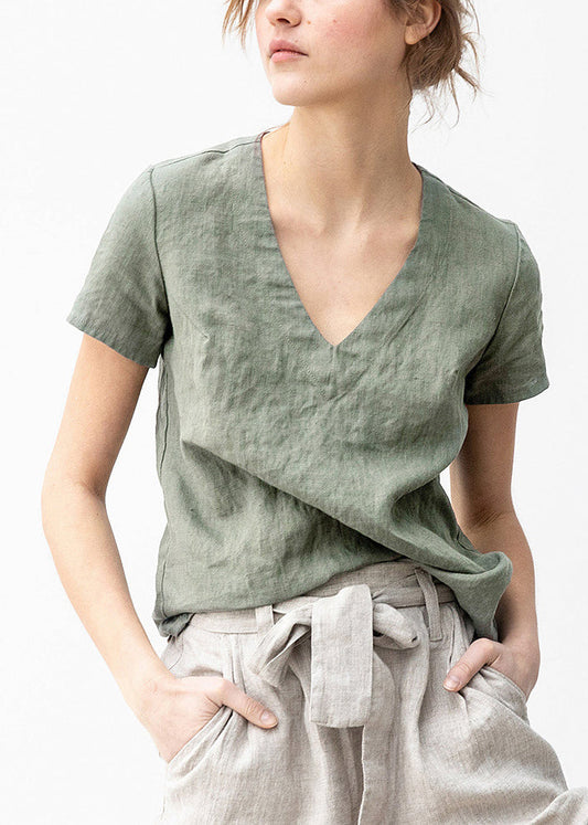 Boutique Green V Neck Simple Linen T Shirts Summer