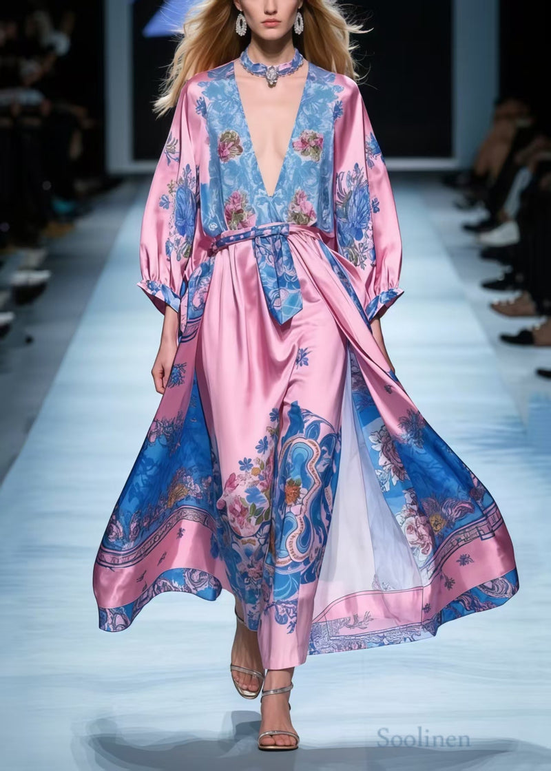 Rose V Neck Print Silk Maxi Dresses Spring