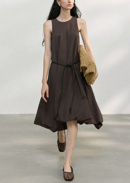 Italian Light Grey O Neck Asymmetrical Design Cotton Dress Sleeveless