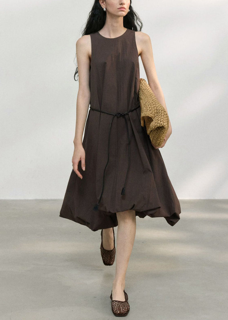 Italian Light Grey O Neck Asymmetrical Design Cotton Dress Sleeveless