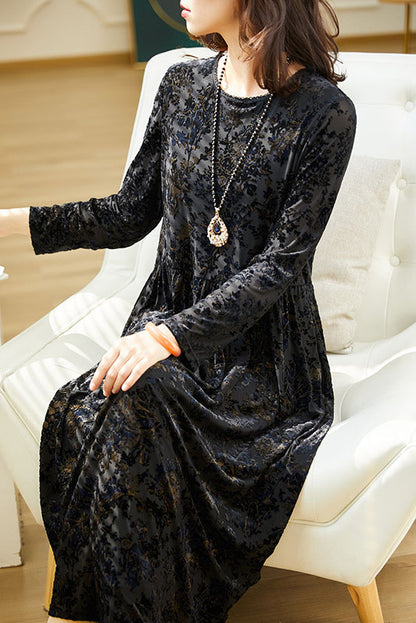 -gold Velvet Jacquard Knit Dress