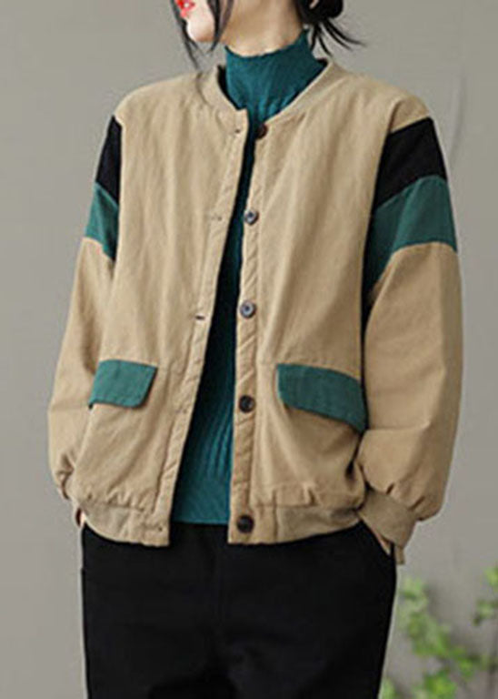 Modern Khaki O-neck Pockets Patchwork Fine Cotton Filled Jacket Spring