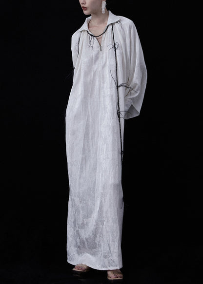 White Zippered Wear on Both Sides Linen Maxi Dresses Fall