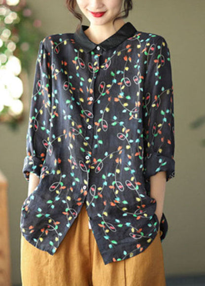 Black Ramie Loose Blouse Top Peter Pan Collar Long Sleeve