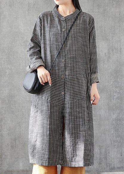 Gray Striped Linen Tunics Stand a Line Skirts Art Dresses