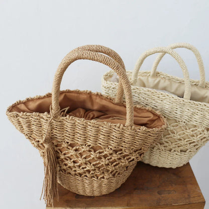 Summer New Hot Basket Woven Straw Braided With Top Handle Handbags Shopping Party Bucket Clutch