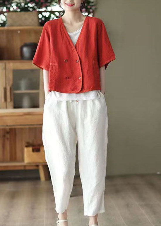 Red V Neck Double Breast Linen Cardigan Summer
