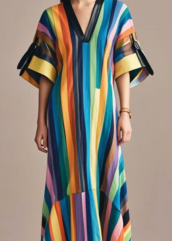 Rainbow V Neck Striped Cotton Long Dress Summer