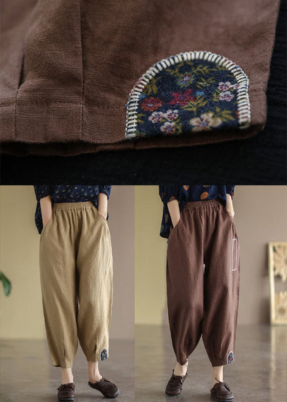 Khaki Elastic Waist Patchwork Applique Linen Harem Pants Fall