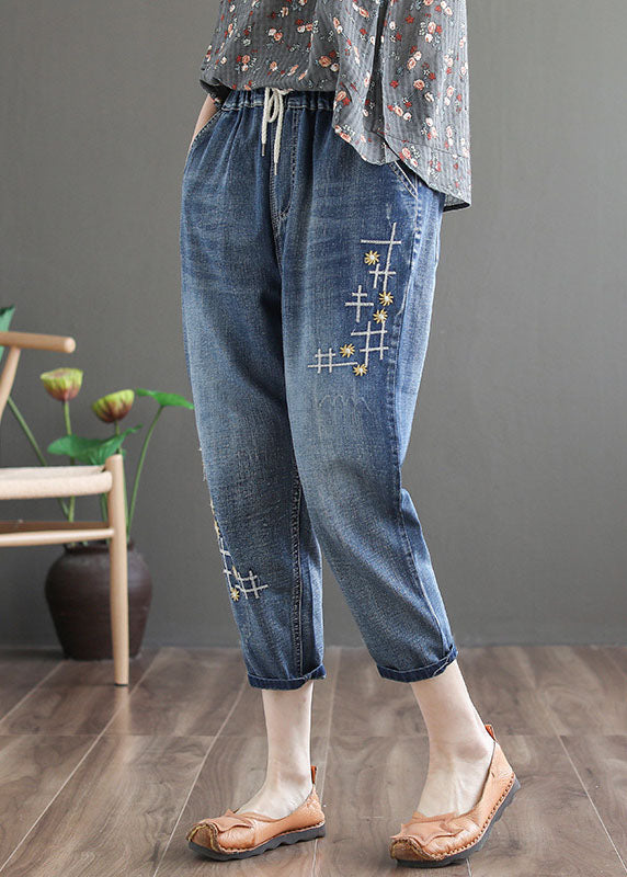 Denim Blue Elastic Waist Embroidered Cotton Crop Pants Spring