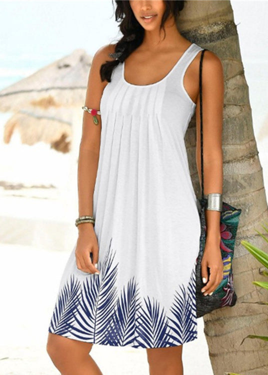 Loose Black O Neck Print Wrinkled Cotton Mid Dress Sleeveless