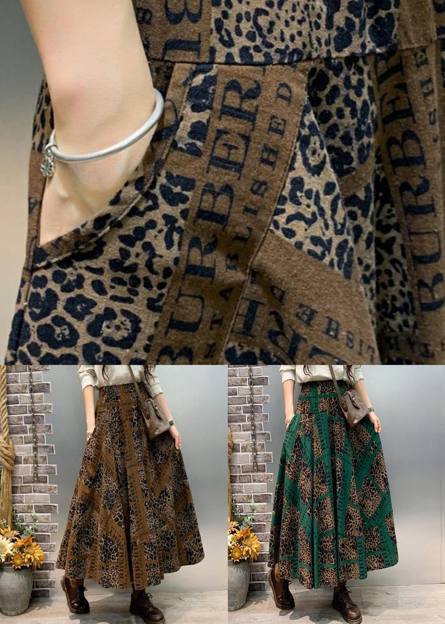 Green Print Pockets Cotton Skirt Fall