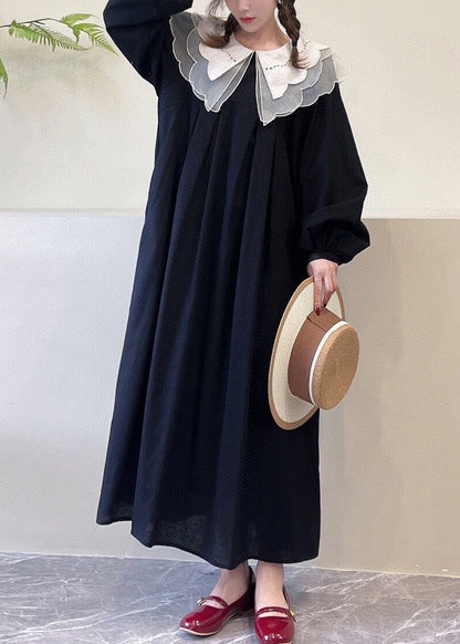 Black Pockets Cotton Dress Peter Pan Collar Long Sleeve
