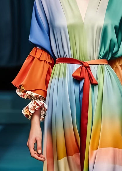 Rainbow Cinched Patchwork Silk Dress Lantern Sleeve