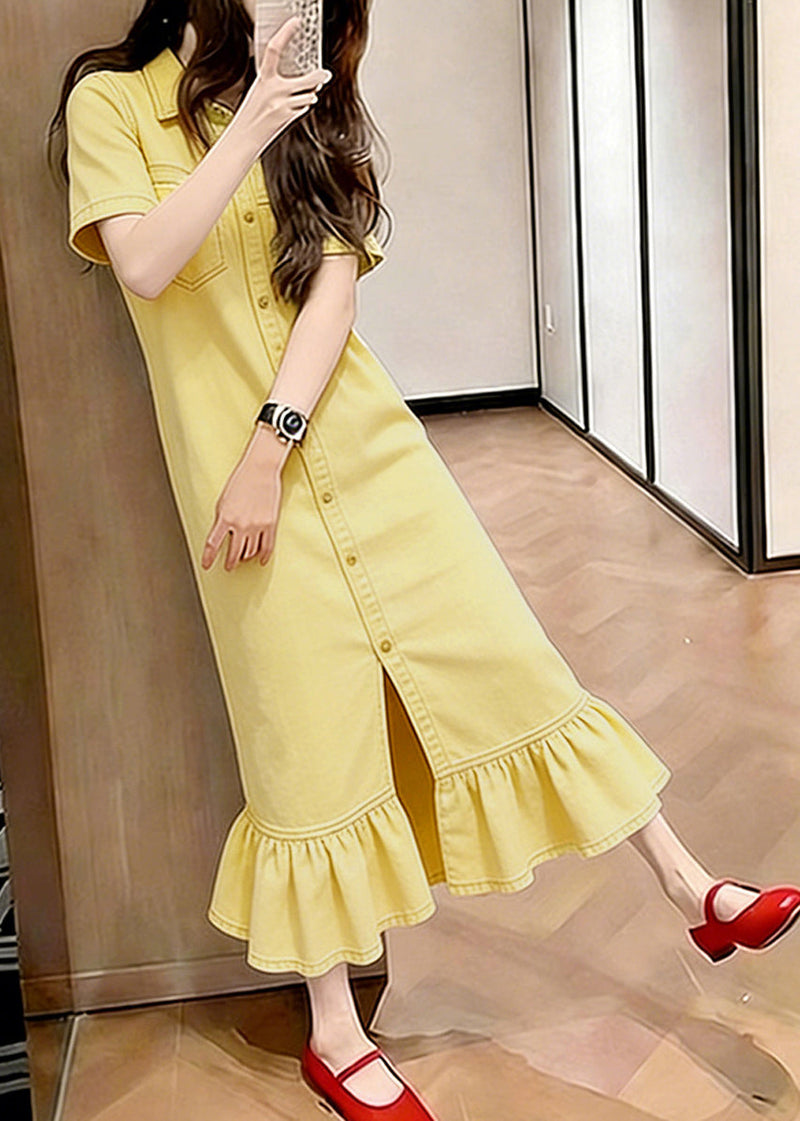 Classy Yellow Ruffled Patchwork Denim Maxi Dresses Summer