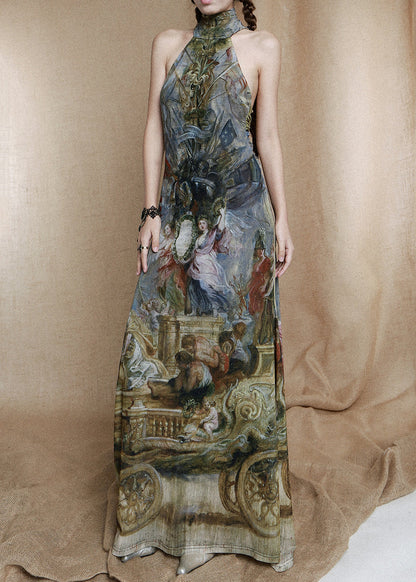 Unique Colorblock Turtleneck Print Cotton Long Dress Sleeveless