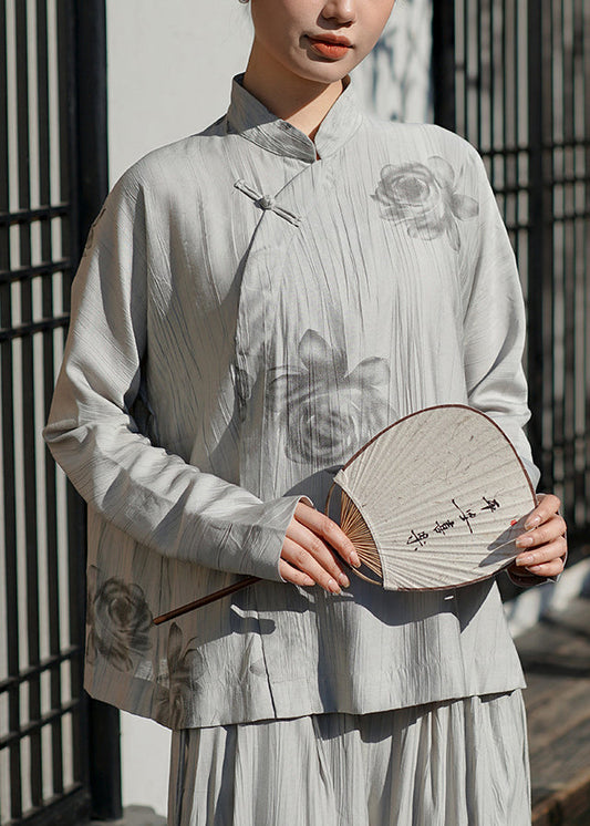 Chinese Style Grey Stand Collar Print Oriental Button Cotton Shirts Spring