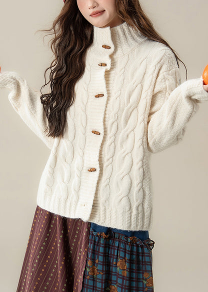White Stand Collar Button Cable Knit Coats Winter