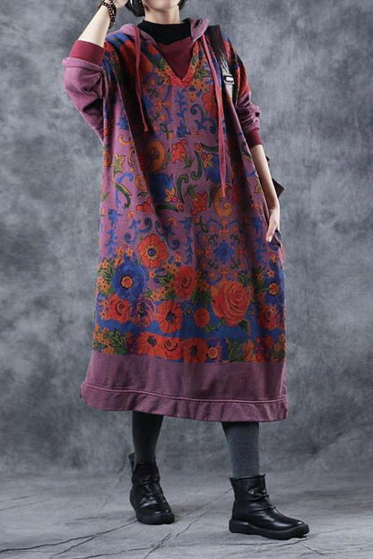 Loose Hoodie Print Long Fleece Dresses for