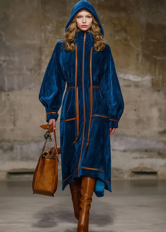 Stylish Blue Hooded Patchwork Velvet Long Coats Fall