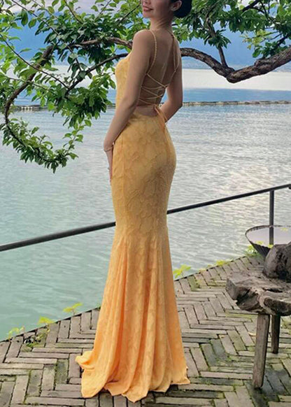 Yellow Backless Lace Maxi Spaghetti Strap Fishtail Dress Sleeveless