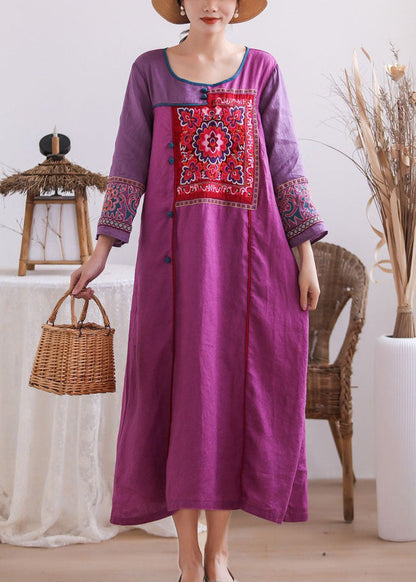 Purple Embroidered Chinese Button Patchwork Linen Long Dresses Summer