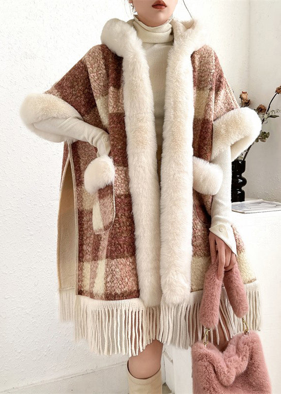Orange Fur Collar Tasseled Warm Fleece Cape Coats Half Sleeve