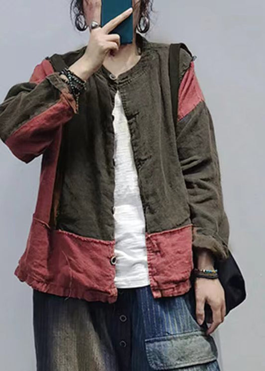 Reddish Black Retro Cotton Shirt Tops Stand Collar Long Sleeve
