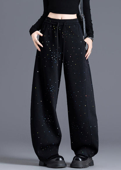 Black Pockets Print Elastic Waist Denim Pants Spring