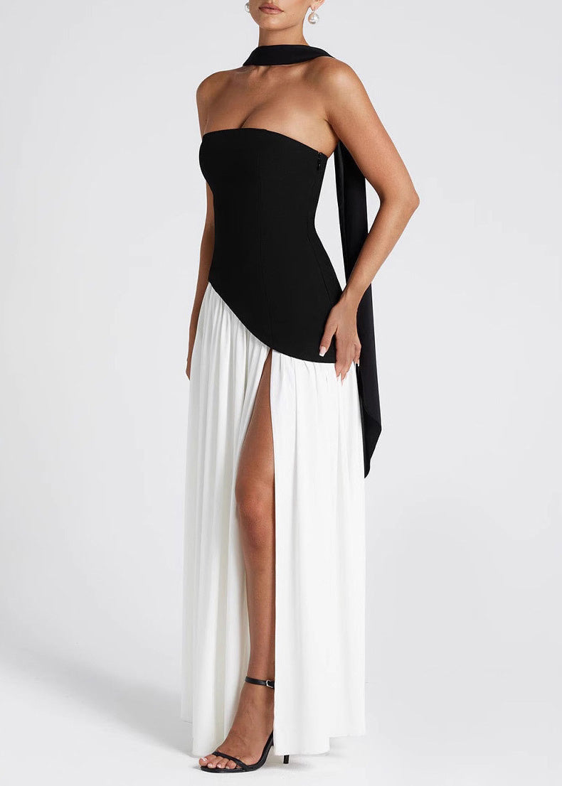 Summer Black White Strapless Slim Fit Slit Off Shoulder Dress