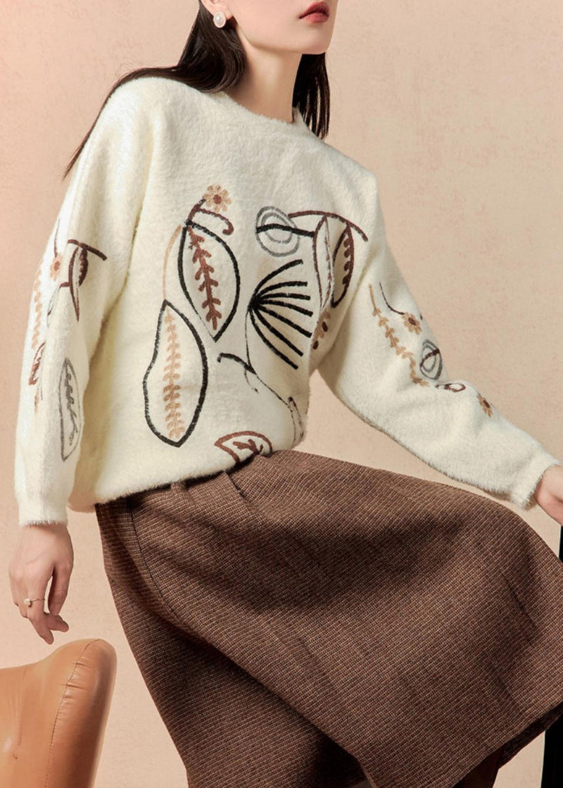 White O Neck Embroidered Cotton Knit Sweater Winter