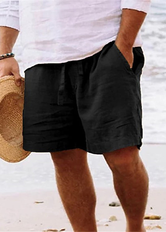 Simple Brown Pockets Elastic Waist Cotton Shorts Summer