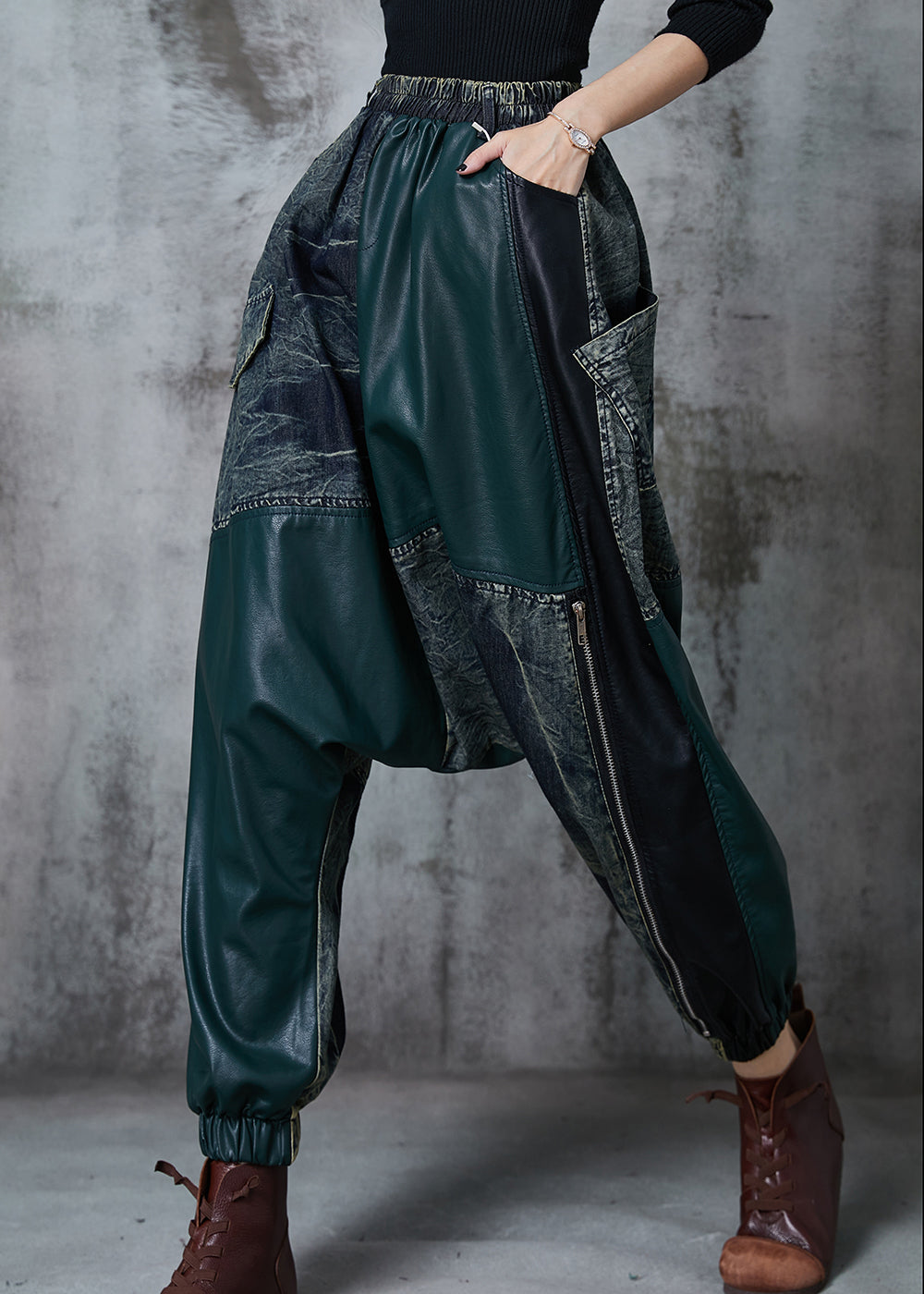 Colorblock Asymmetrical Patchwork Denim Harem Pants Fall