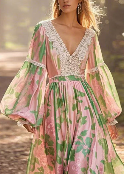 V Neck Print Lace Patchwork Chiffon Long Dress Lantern Sleeve