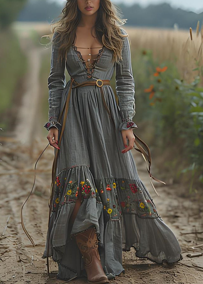 Print Wrinkled Patchwork Cotton Long Dresses Spring