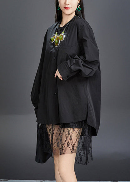 New Black O-neck Button Cotton Shirt Fall