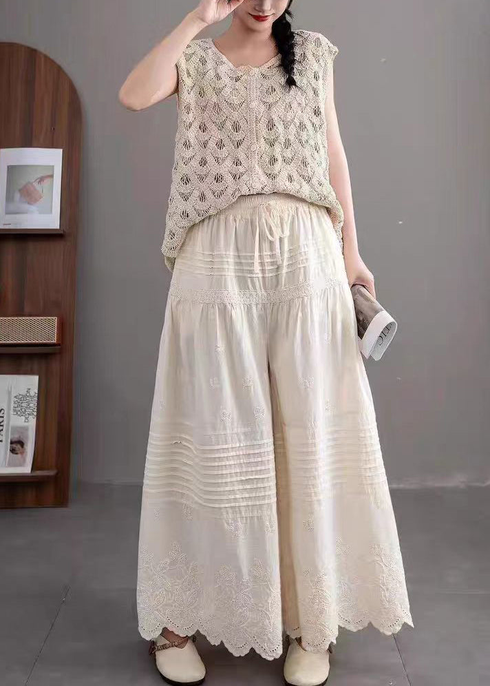 Beige Embroidered Wrinkled Cotton Pants Summer