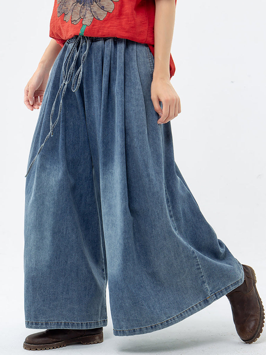 Drawstring Blue Denim Wide Leg Pants Jeans