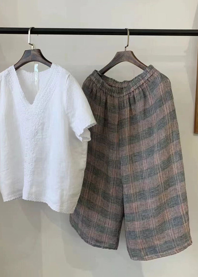 Khaki Oversized Plaid Linen Harem Pants Summer