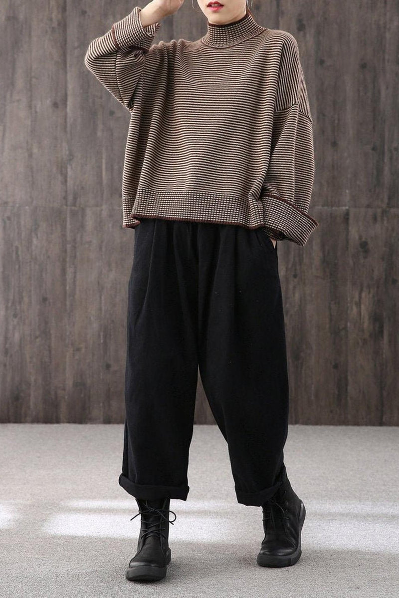 Loose High Collar Striped Sweater, Top,stylish Warm Sweater,wide Sleeve Sweater