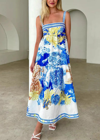 Blue Print Patchwork Cotton Spaghetti Strap Dress Summer